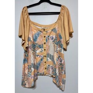 Patchwork Print Peasant Top Size 3X Cottagecore Fairy Boho Festival Asymmetrical